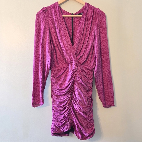 Zara Women's Ruched Satin Effect Print Wrap Dress Fuchsia Pink Size Small - Picture 8 of 15